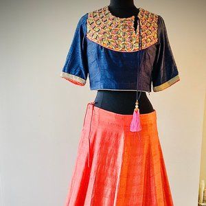 100% Pure Raw Silk Peach-Blue Lehenga Choli - Exhi